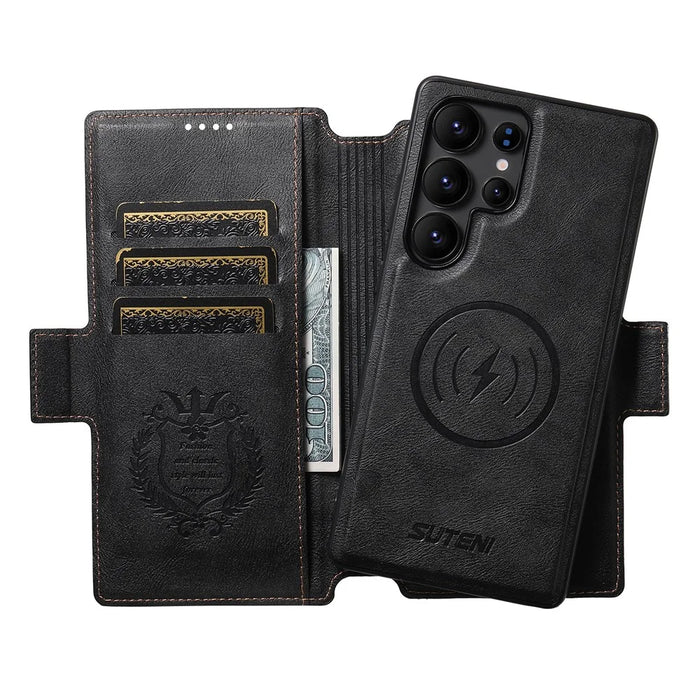 SUTENI Q-07 For Samsung Galaxy S25 Ultra Case Magnetic Color Splicing Cowhide Texture Leather Cover - Black - 3