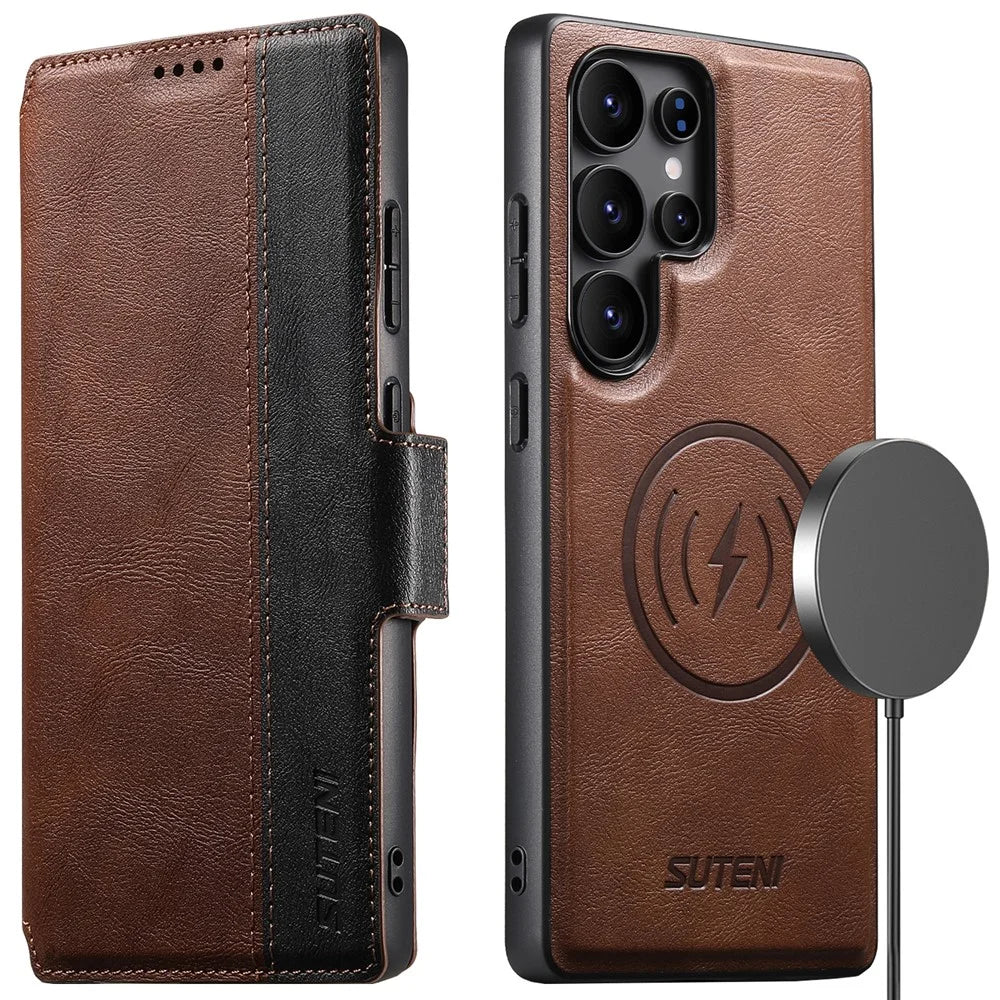 SUTENI Q-07 For Samsung Galaxy S24 Ultra Case Magnetic Color Splicing Cowhide Texture Leather Cover - Brown - 1