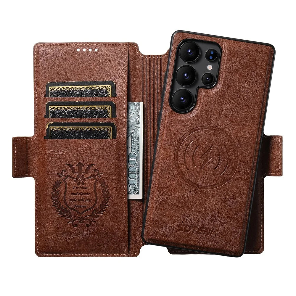 SUTENI Q-07 For Samsung Galaxy S24 Ultra Case Magnetic Color Splicing Cowhide Texture Leather Cover - Brown - 3