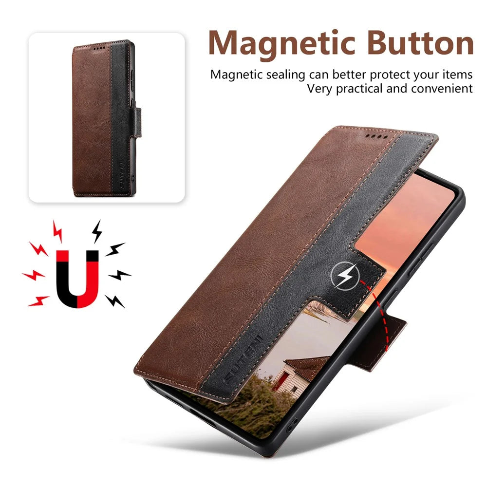 SUTENI Q-07 For Samsung Galaxy S24 Ultra Case Magnetic Color Splicing Cowhide Texture Leather Cover - Brown - 6