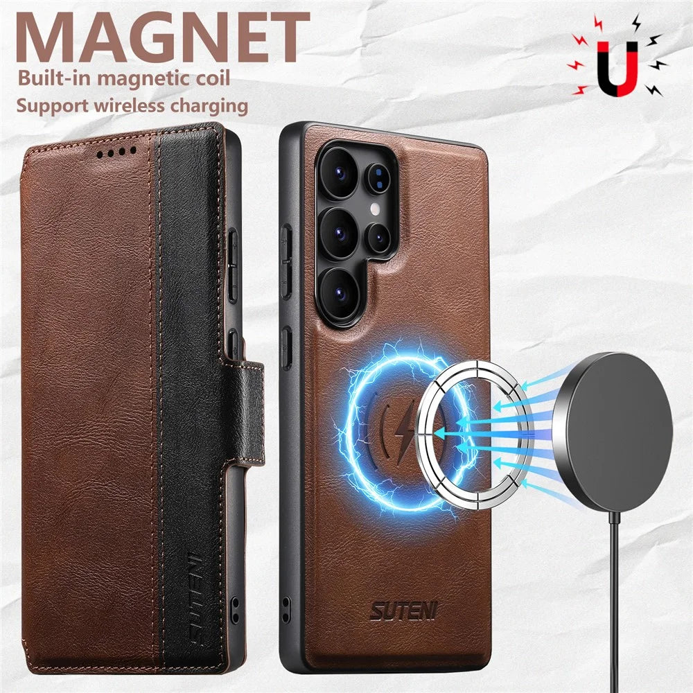 SUTENI Q-07 For Samsung Galaxy S24 Ultra Case Magnetic Color Splicing Cowhide Texture Leather Cover - Brown - 7