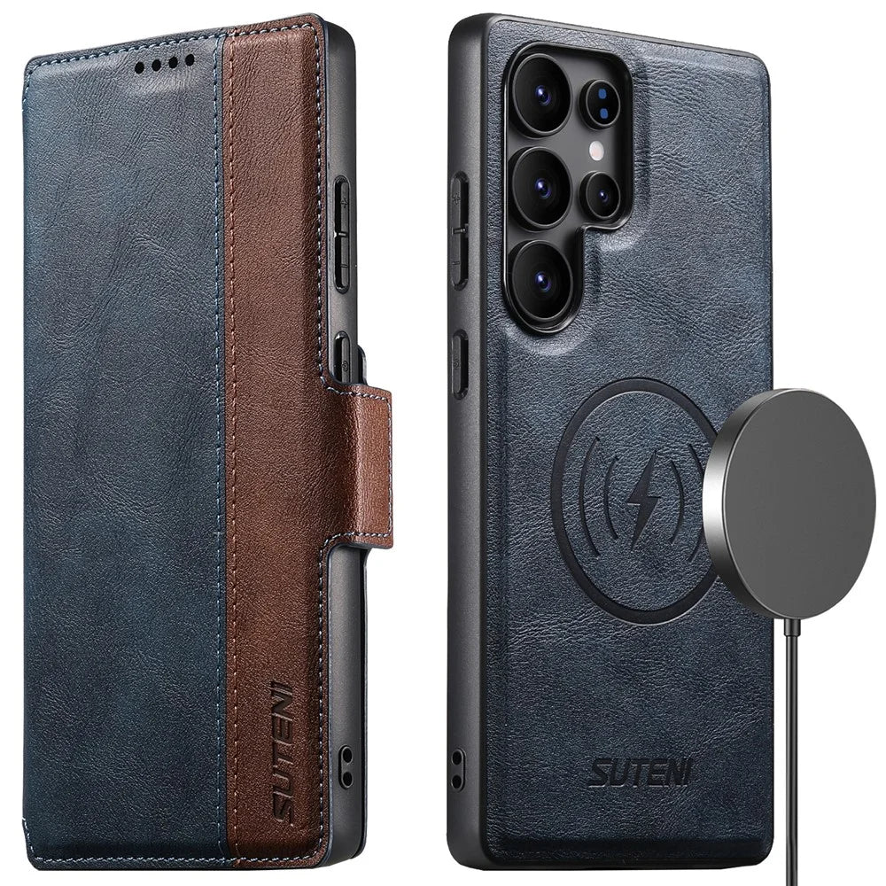 SUTENI Q-07 For Samsung Galaxy S23 Ultra Case Magnetic Color Splicing Cowhide Texture Leather Cover - Blue - 1