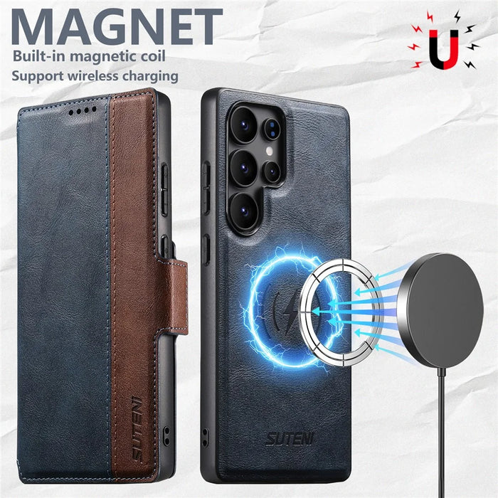 SUTENI Q-07 For Samsung Galaxy S23 Ultra Case Magnetic Color Splicing Cowhide Texture Leather Cover - Blue - 7