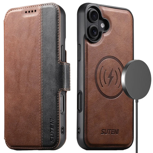 SUTENI Q-07 For iPhone 16 Case Magnetic Color Splicing Cowhide Texture Leather Cover - Brown - 1