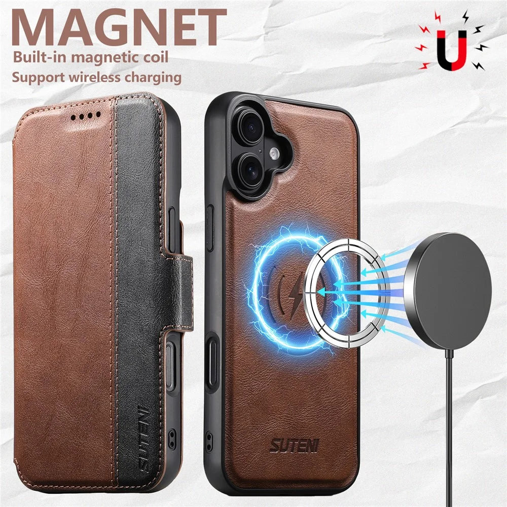 SUTENI Q-07 For iPhone 16 Case Magnetic Color Splicing Cowhide Texture Leather Cover - Brown - 3