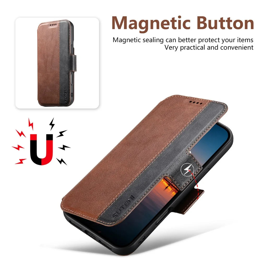 SUTENI Q-07 For iPhone 16 Case Magnetic Color Splicing Cowhide Texture Leather Cover - Brown - 4