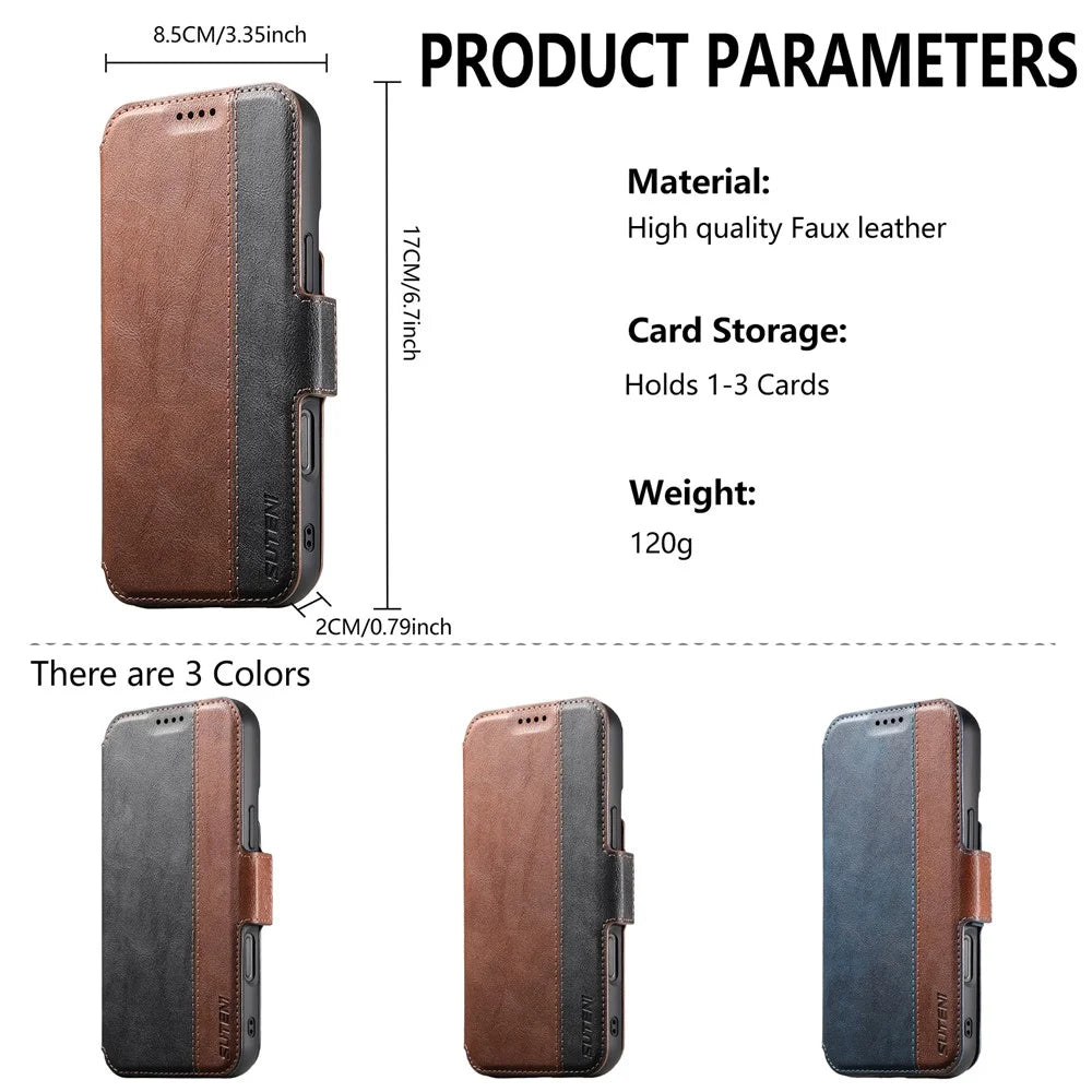 SUTENI Q-07 For iPhone 16 Case Magnetic Color Splicing Cowhide Texture Leather Cover - Brown - 6