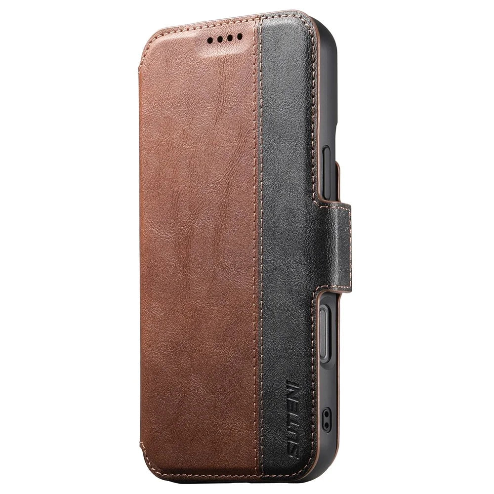 SUTENI Q-07 For iPhone 16 Case Magnetic Color Splicing Cowhide Texture Leather Cover - Brown - 7