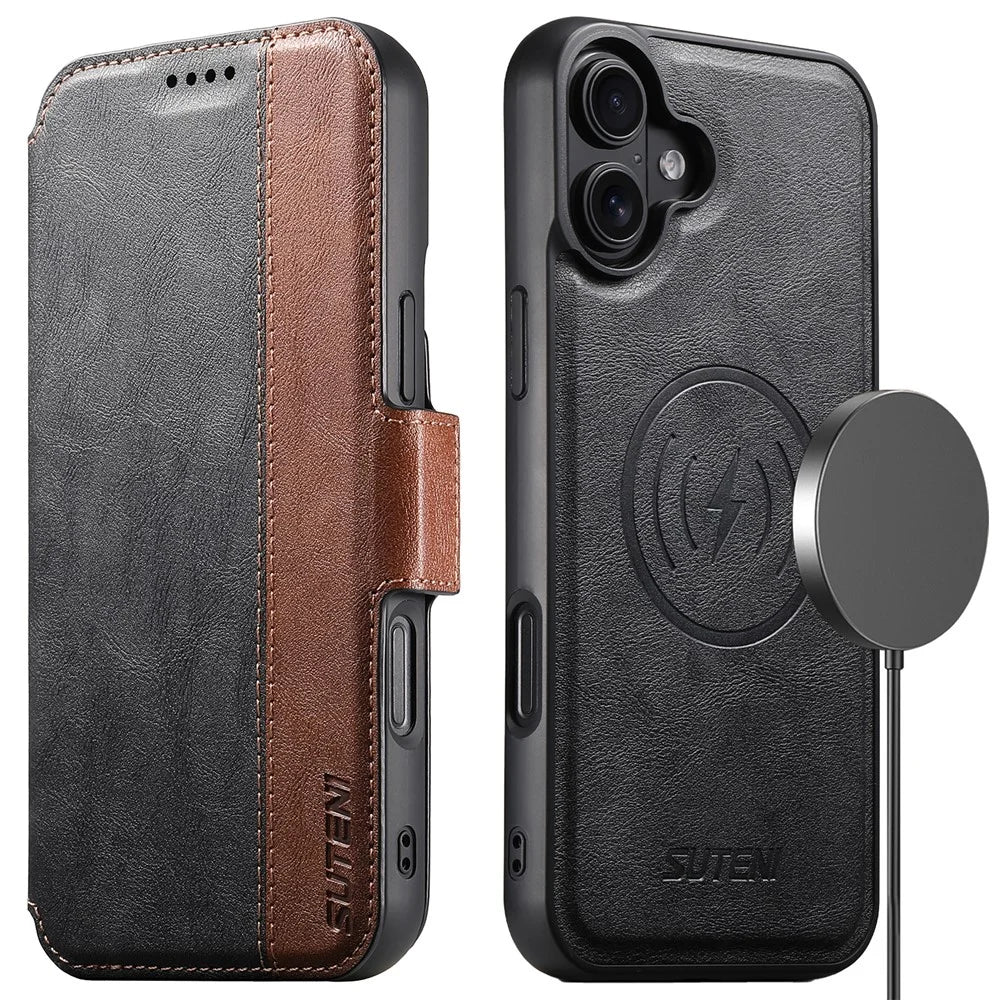 SUTENI Q-07 For iPhone 16 Plus Case Magnetic Color Splicing Cowhide Texture Leather Cover - Black - 1