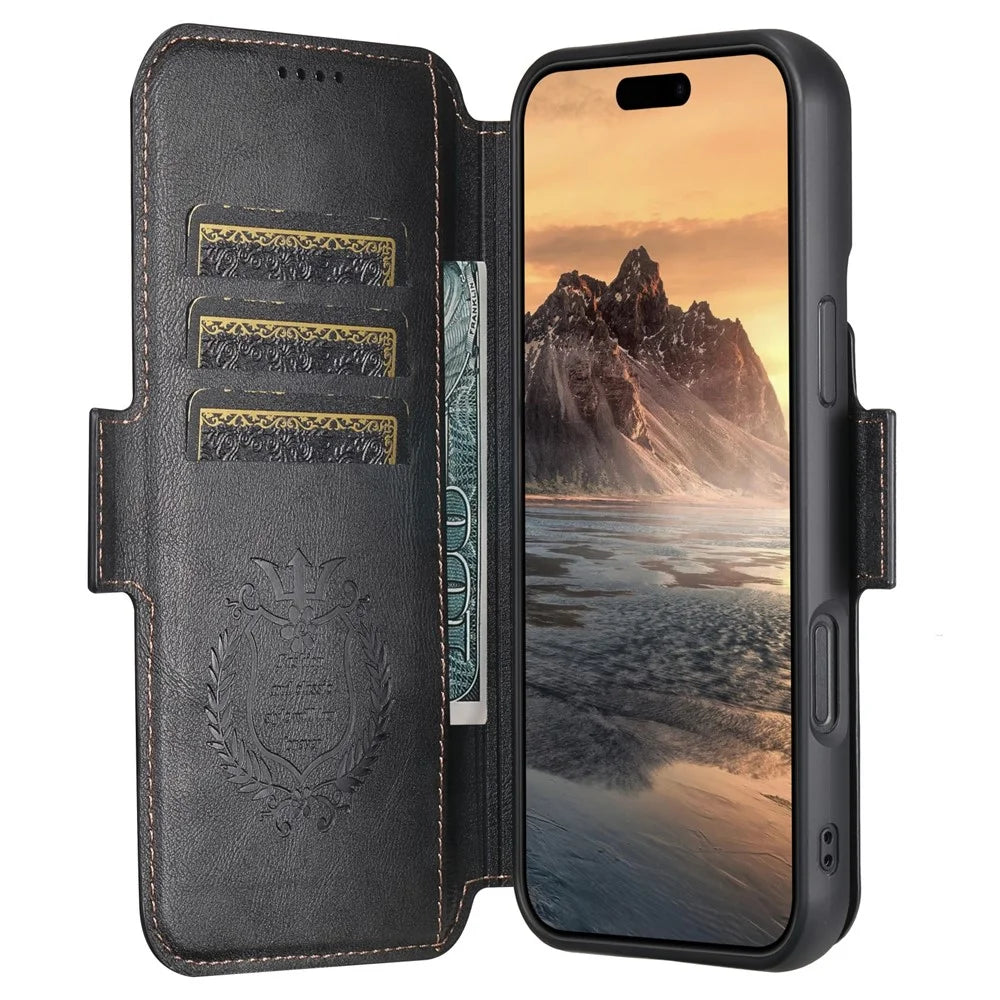 SUTENI Q-07 For iPhone 16 Plus Case Magnetic Color Splicing Cowhide Texture Leather Cover - Black - 2