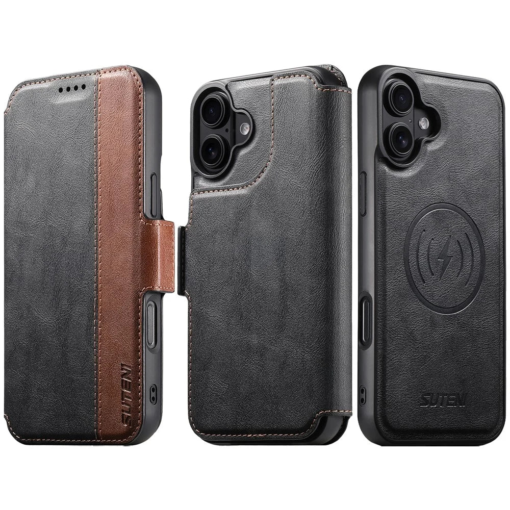 SUTENI Q-07 For iPhone 16 Plus Case Magnetic Color Splicing Cowhide Texture Leather Cover - Black - 3