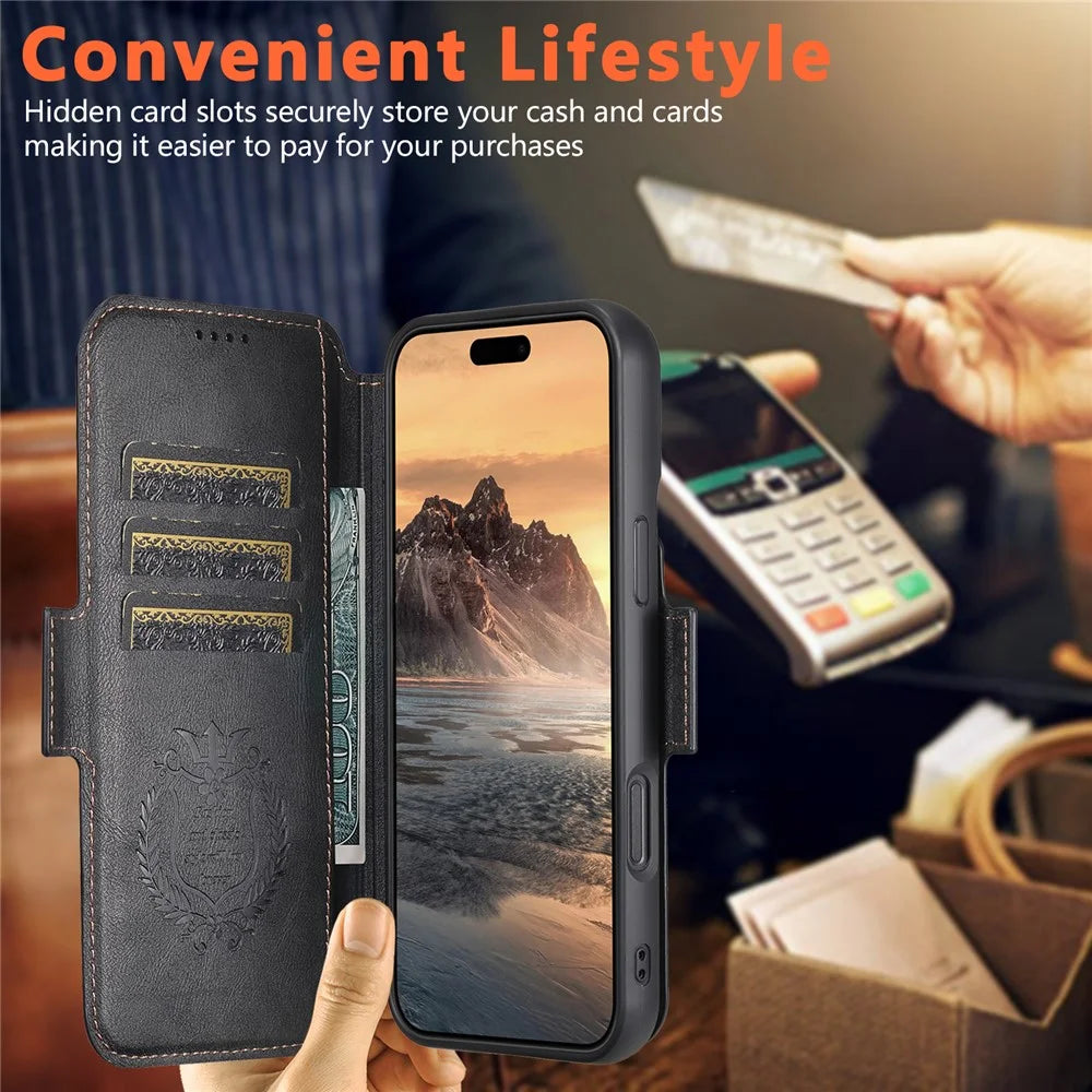 SUTENI Q-07 For iPhone 16 Plus Case Magnetic Color Splicing Cowhide Texture Leather Cover - Black - 6
