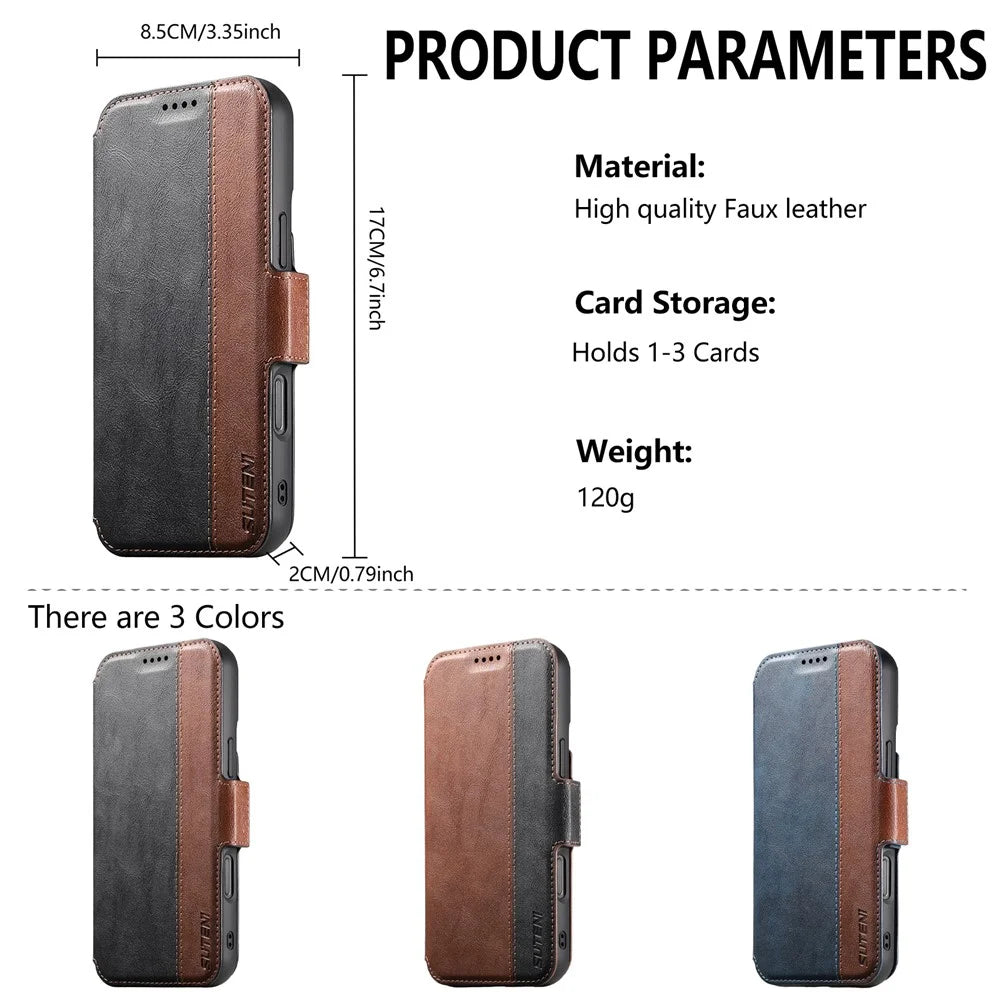 SUTENI Q-07 For iPhone 16 Plus Case Magnetic Color Splicing Cowhide Texture Leather Cover - Black - 7
