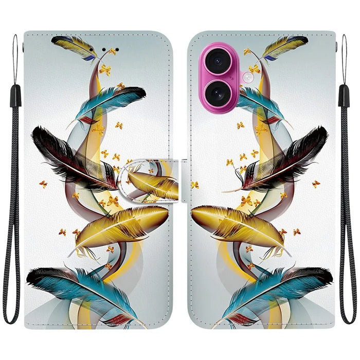 For iPhone 17 Case Pattern Printing Anti-Drop Leather Flip Wallet Phone Cover with Lanyard - Golden Butterfly Feather - 1