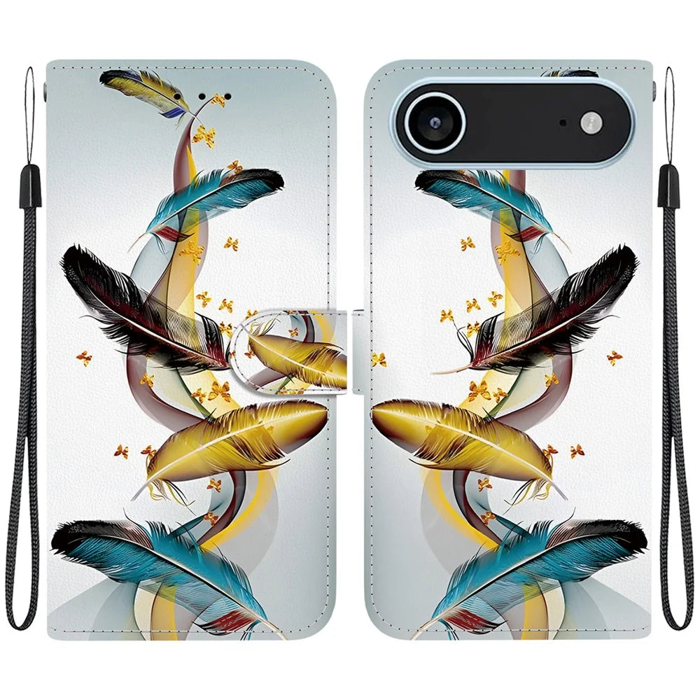 For iPhone Air Case Pattern Printing Anti-Drop Leather Flip Wallet Phone Cover with Lanyard - Golden Butterfly Feather - 1