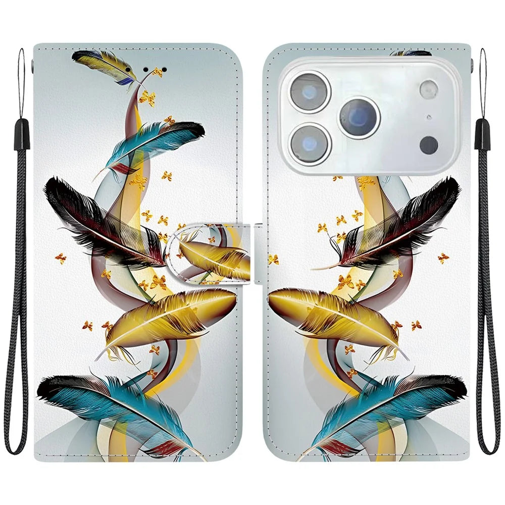 For iPhone 18 Pro / 17 Pro Case Pattern Printing Anti-Drop Leather Flip Wallet Phone Cover with Lanyard - Golden Butterfly Feather - 1