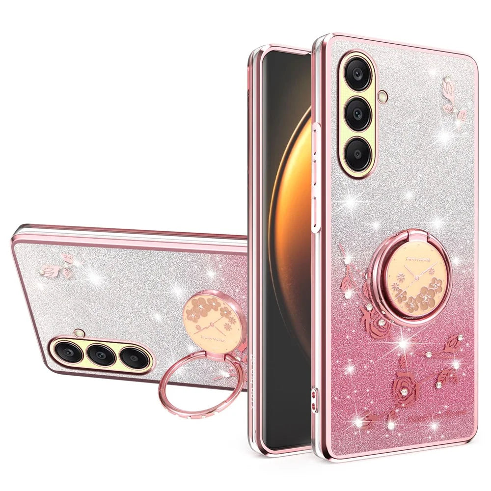 KADEM For Samsung Galaxy A26 5G Case Ring Kickstand TPU Flowers Phone Cover Gradient Glitter - Rose Gold - 1