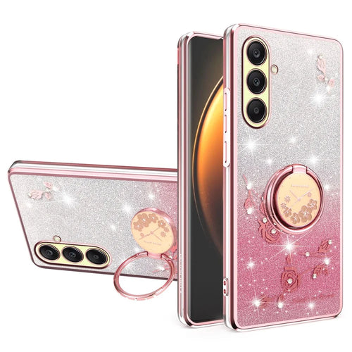 KADEM For Samsung Galaxy A26 5G Case Ring Kickstand TPU Flowers Phone Cover Gradient Glitter - Rose Gold - 1