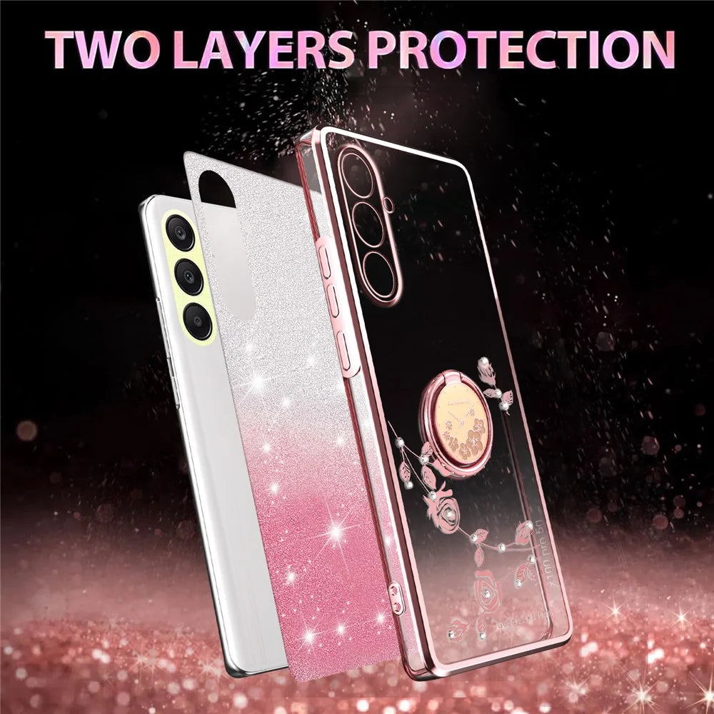 KADEM For Samsung Galaxy A26 5G Case Ring Kickstand TPU Flowers Phone Cover Gradient Glitter - Rose Gold - 4