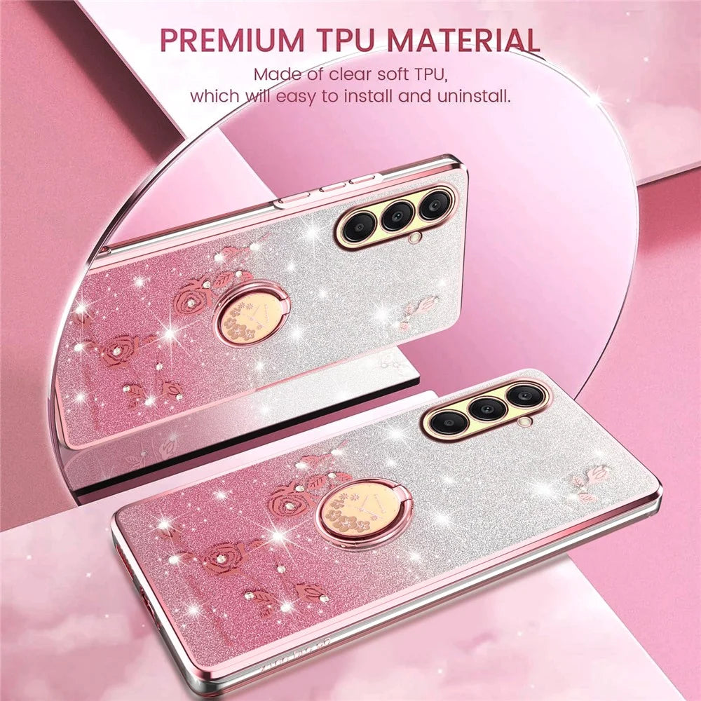 KADEM For Samsung Galaxy A26 5G Case Ring Kickstand TPU Flowers Phone Cover Gradient Glitter - Rose Gold - 7