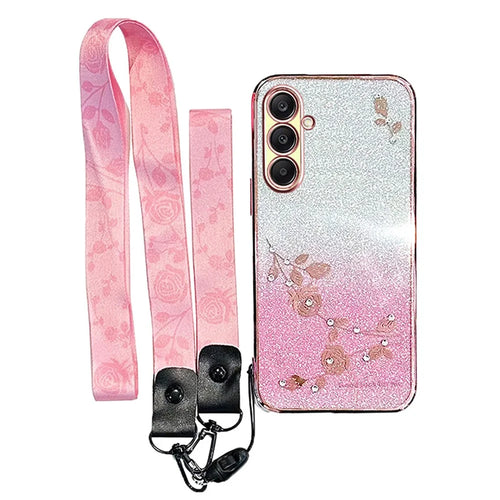 KADEM For Samsung Galaxy A26 5G Case Flower Pattern TPU Gradient Phone Cover with Lanyards - Rose Gold - 1