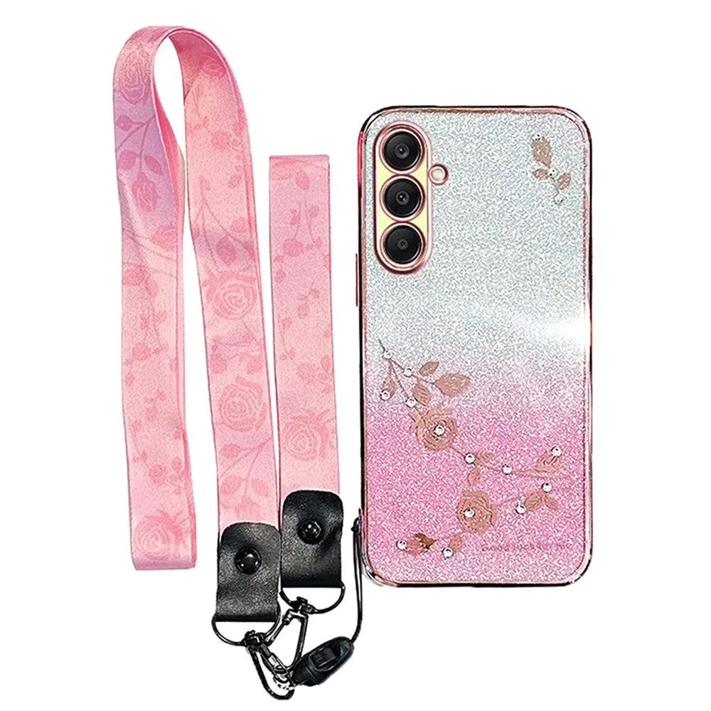 KADEM For Samsung Galaxy A26 5G Case Flower Pattern TPU Gradient Phone Cover with Lanyards - Rose Gold - 1