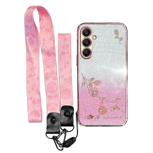 KADEM For Samsung Galaxy A26 5G Case Flower Pattern TPU Gradient Phone Cover with Lanyards - Rose Gold - 1