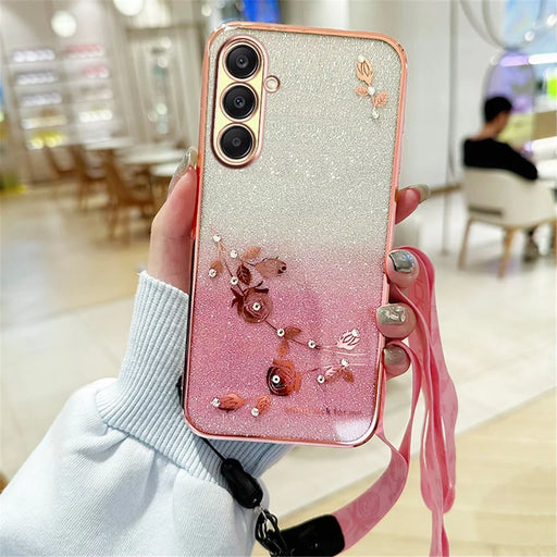 KADEM For Samsung Galaxy A26 5G Case Flower Pattern TPU Gradient Phone Cover with Lanyards - Rose Gold - 2