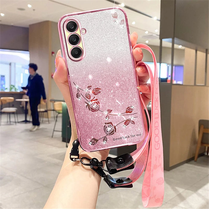 KADEM For Samsung Galaxy A26 5G Case Flower Pattern TPU Gradient Phone Cover with Lanyards - Rose Gold - 3