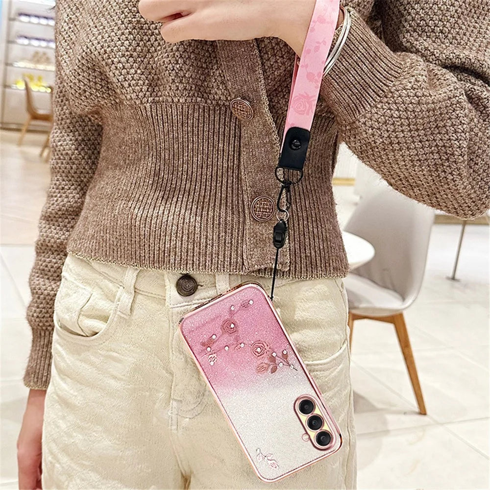 KADEM For Samsung Galaxy A26 5G Case Flower Pattern TPU Gradient Phone Cover with Lanyards - Rose Gold - 4