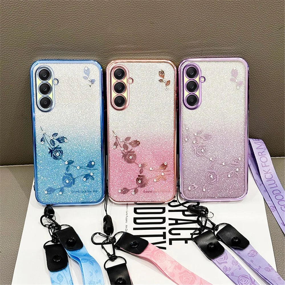 KADEM For Samsung Galaxy A26 5G Case Flower Pattern TPU Gradient Phone Cover with Lanyards - Rose Gold - 7
