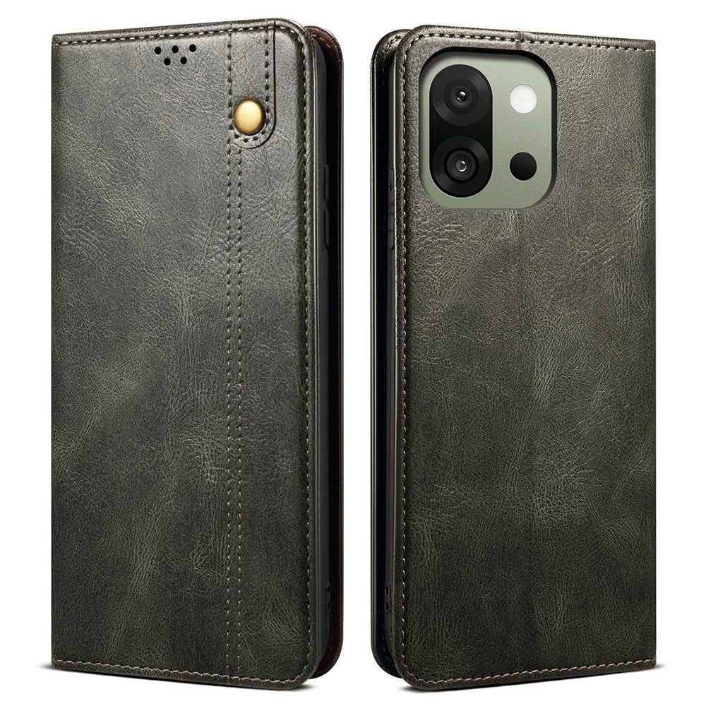 For OnePlus 13s 5G Case Crazy Horse Texture Waxy Leather Wallet Stand Phone Cover - Green - 1