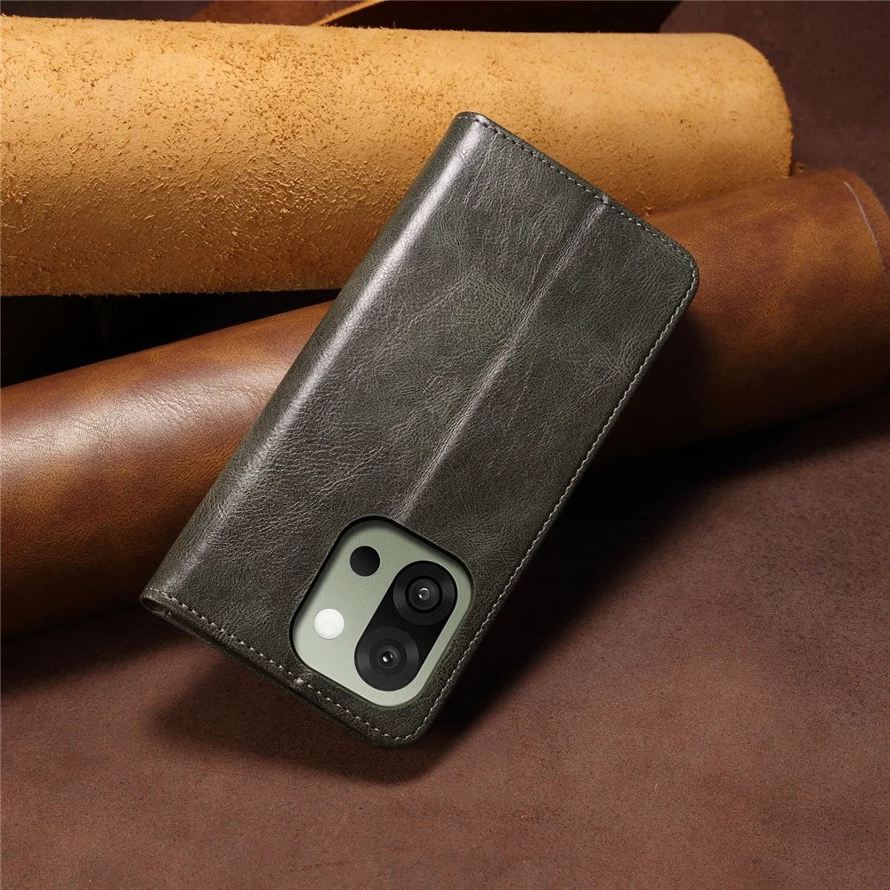 For OnePlus 13s 5G Case Crazy Horse Texture Waxy Leather Wallet Stand Phone Cover - Green - 7