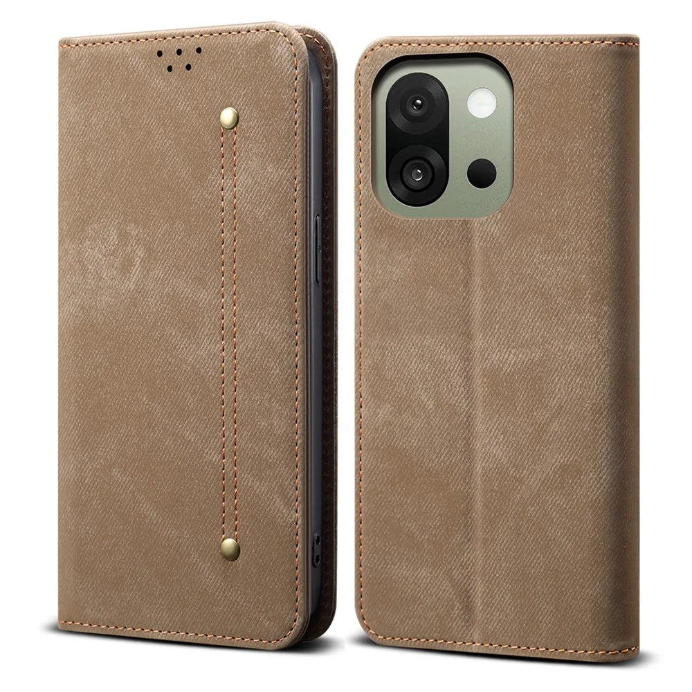 For OnePlus 13s 5G Case Jeans Cloth Texture Anti-Scratch Leather Stand Phone Cover - Khaki - 1