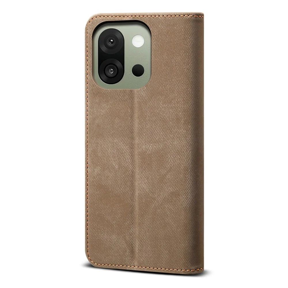 For OnePlus 13s 5G Case Jeans Cloth Texture Anti-Scratch Leather Stand Phone Cover - Khaki - 6