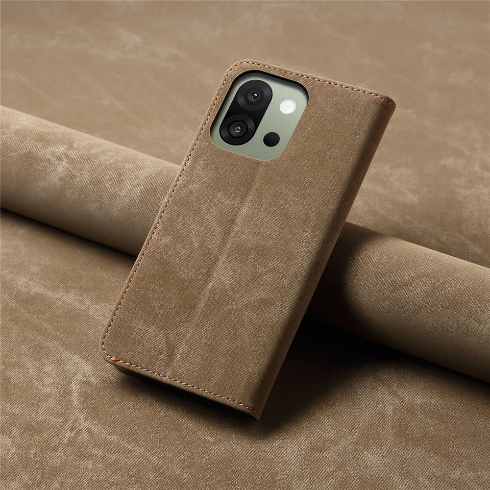 For OnePlus 13s 5G Case Jeans Cloth Texture Anti-Scratch Leather Stand Phone Cover - Khaki - 7