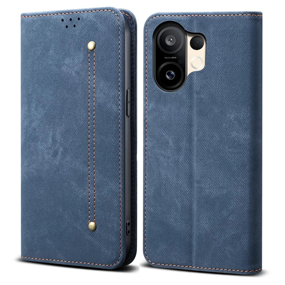 For vivo S30 5G Case Jeans Cloth Texture Anti-Scratch Leather Stand Phone Cover - Blue - 1