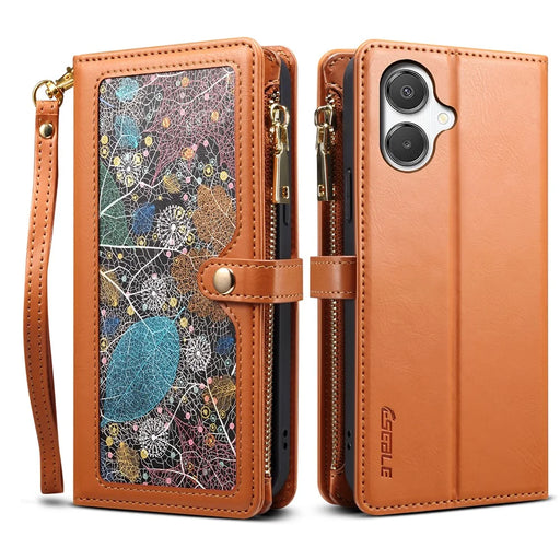 ESEBLE Galaxy Series For Samsung Galaxy A08 5G / A08 4G / A07 4G Case RFID Blocking Leather Zipper Phone Cover with Shoulder Strap + Wrist Strap - Light Brown - 1