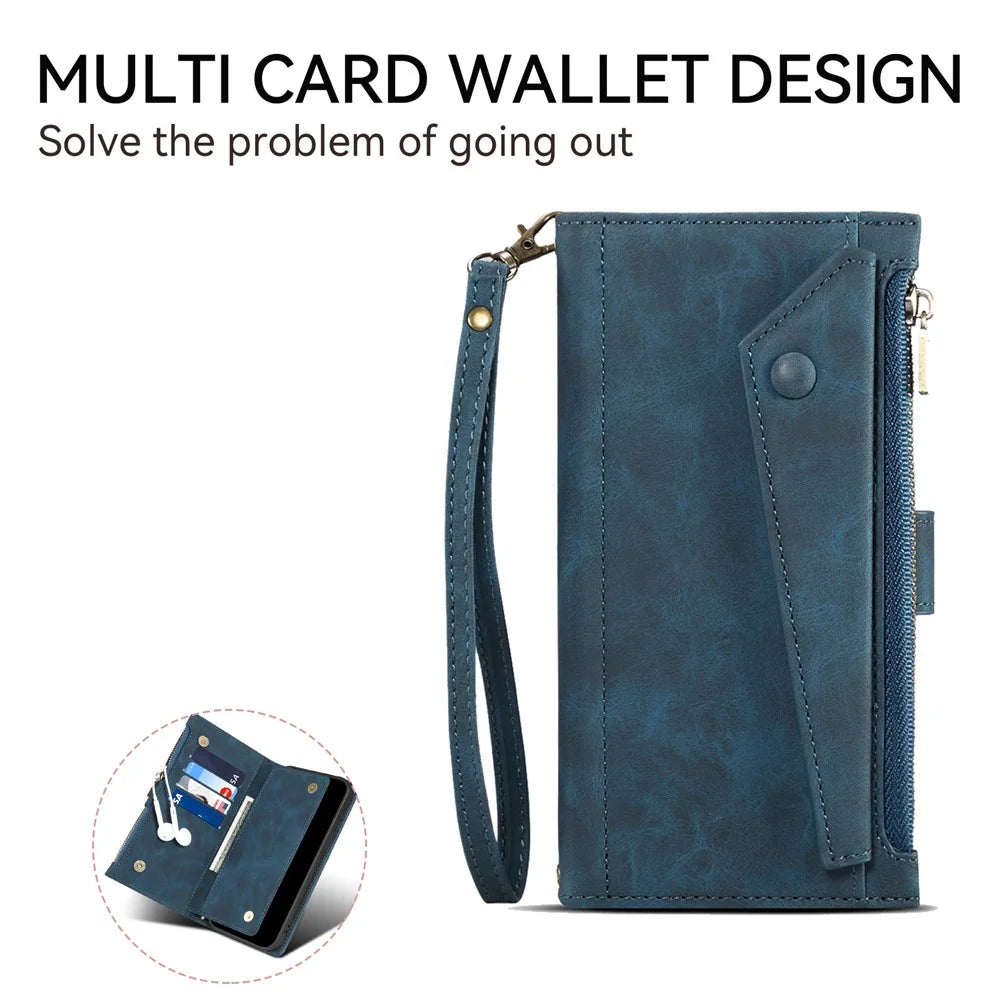 ESEBLE Star Series For Samsung Galaxy A08 5G / A08 4G / A07 4G Case Zipper Wallet Leather Stand Phone Cover with Wrist Strap - Blue - 6