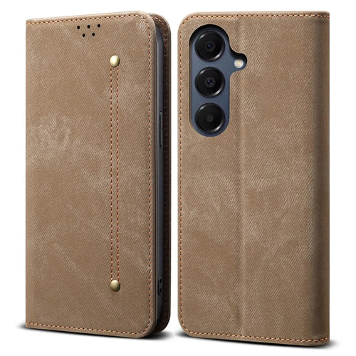 For Samsung Galaxy A18 5G / A18 4G / A17 5G / A17 4G Case Jeans Cloth Texture Anti-Scratch Leather Stand Phone Cover - Khaki - 1