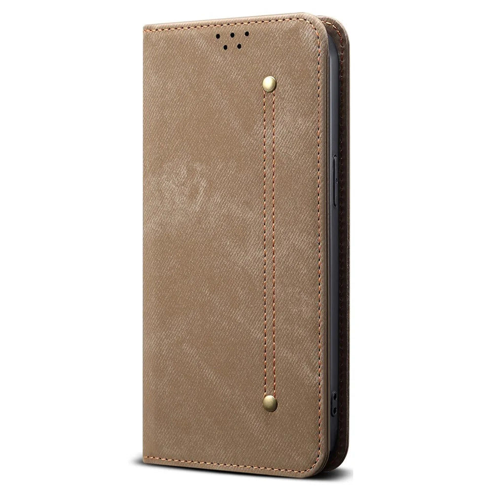 For Samsung Galaxy A18 5G / A18 4G / A17 5G / A17 4G Case Jeans Cloth Texture Anti-Scratch Leather Stand Phone Cover - Khaki - 5