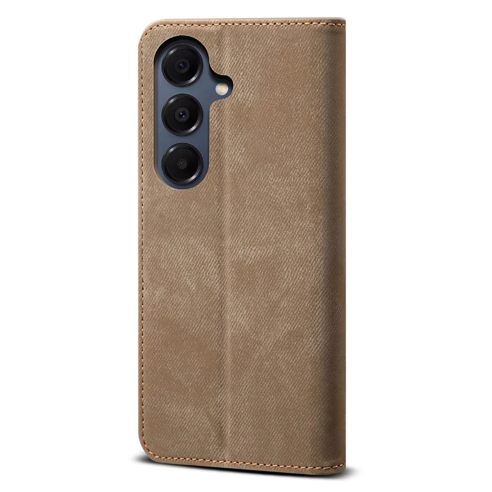 For Samsung Galaxy A18 5G / A18 4G / A17 5G / A17 4G Case Jeans Cloth Texture Anti-Scratch Leather Stand Phone Cover - Khaki - 6