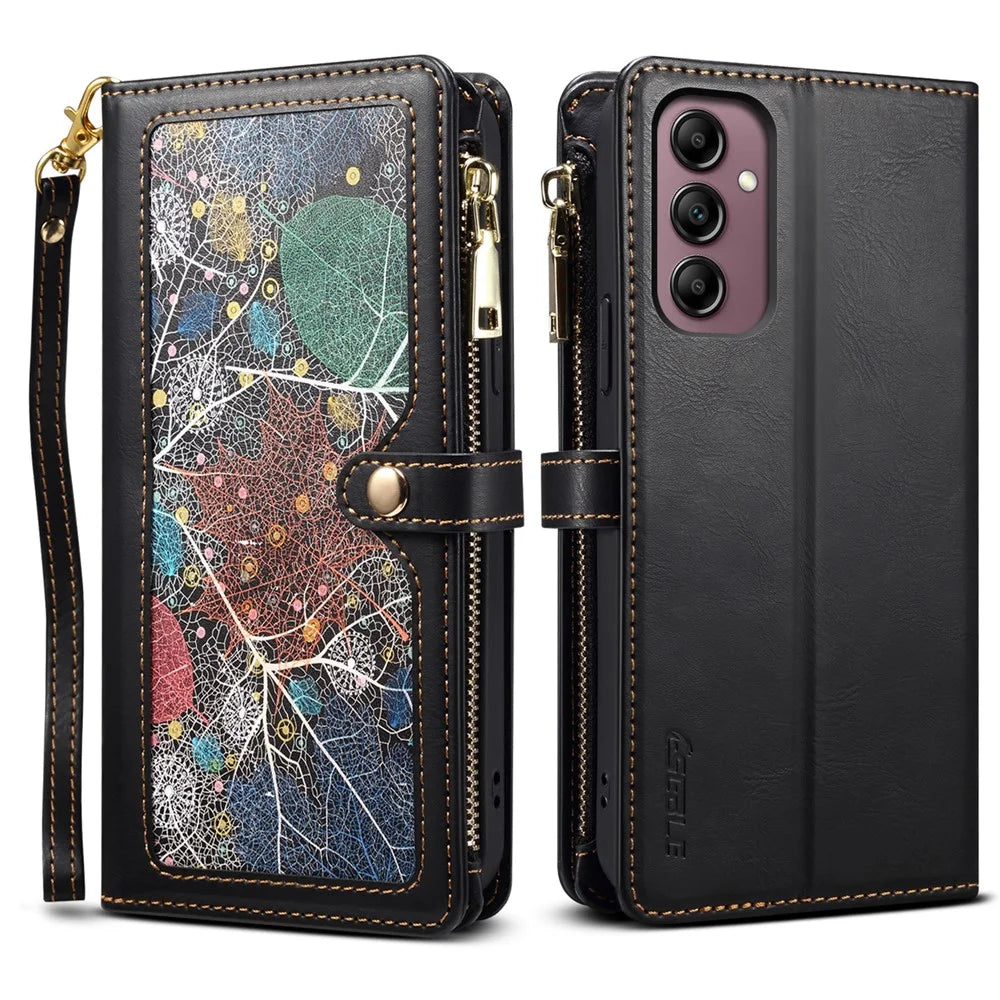 ESEBLE Galaxy Series For Samsung Galaxy A18 5G / A18 4G / A17 5G / A17 4G Case RFID Blocking Leather Zipper Phone Cover with Shoulder Strap + Wrist Strap - Black - 1