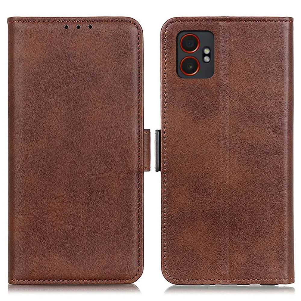 For Samsung Galaxy XCover7 Pro Case Stand Cowhide Texture PU Leather Phone Cover - Brown - 1