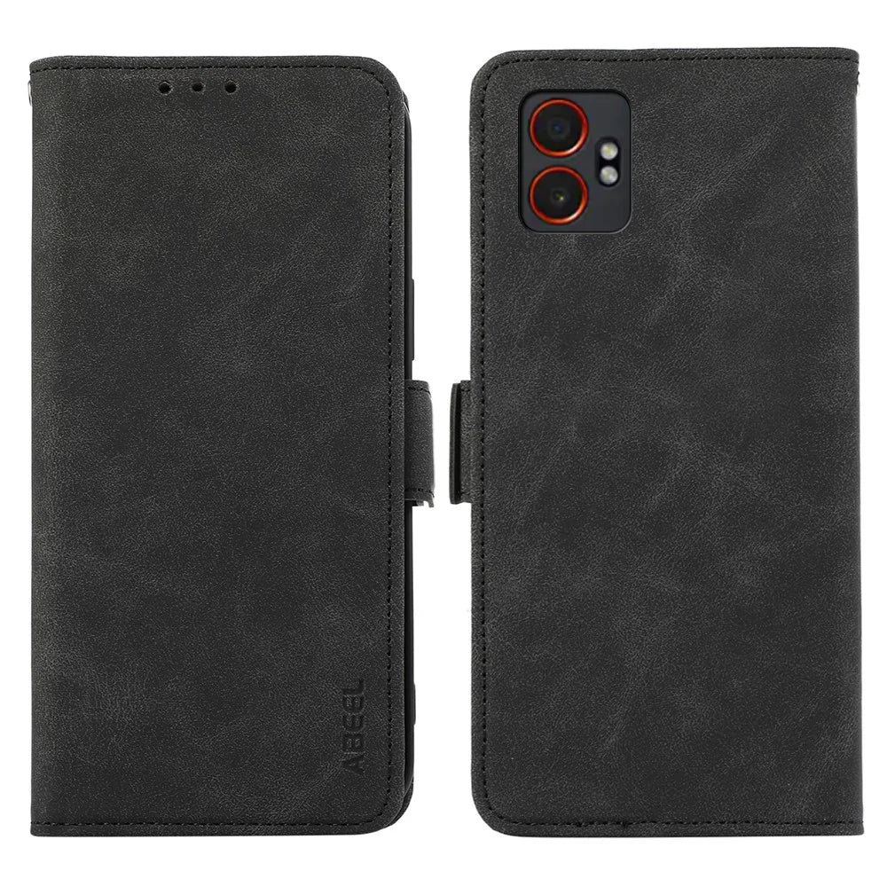 ABEEL For Samsung Galaxy XCover7 Pro Case PU Leather Folio Stand View RFID Blocking Phone Cover - Black - 1