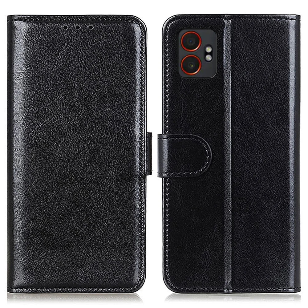 For Samsung Galaxy XCover7 Pro Case Crazy Horse Texture PU Leather Phone Stand Cover - Black - 1