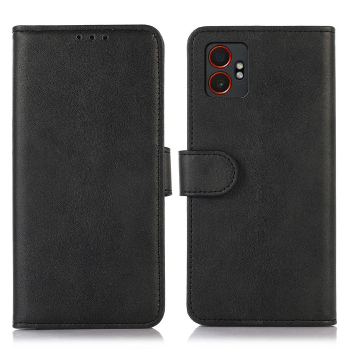 For Samsung Galaxy XCover7 Pro Case Cowhide Texture Leather Wallet Phone Cover with Stand - Black - 1