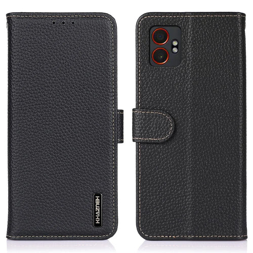 KHAZNEH For Samsung Galaxy XCover7 Pro Case Genuine Cow Leather Flip Phone Cover - Black - 1