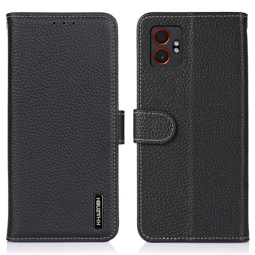 KHAZNEH For Samsung Galaxy XCover7 Pro Case Genuine Cow Leather Flip Phone Cover - Black - 1