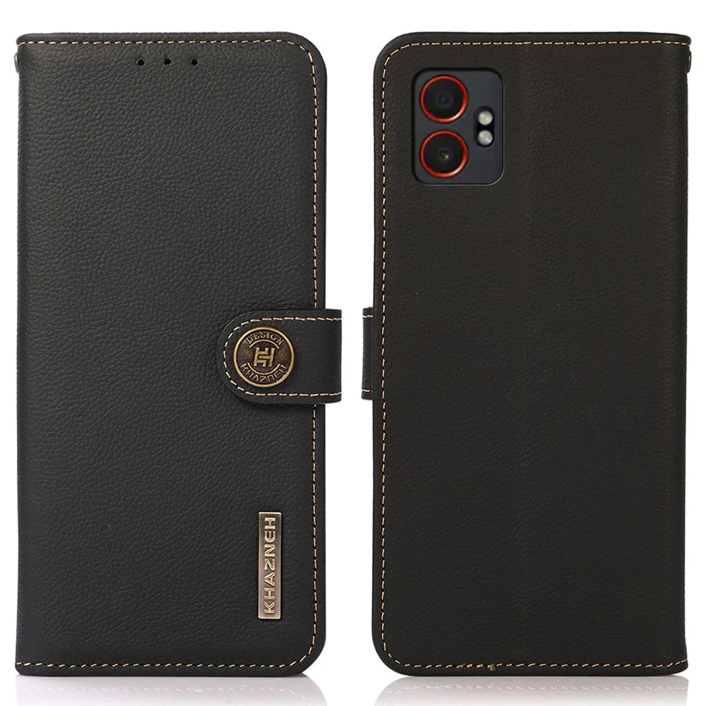 KHAZNEH for Samsung Galaxy XCover7 Pro Case Genuine Cow Leather RFID Blocking Wallet Phone Cover - Black - 1